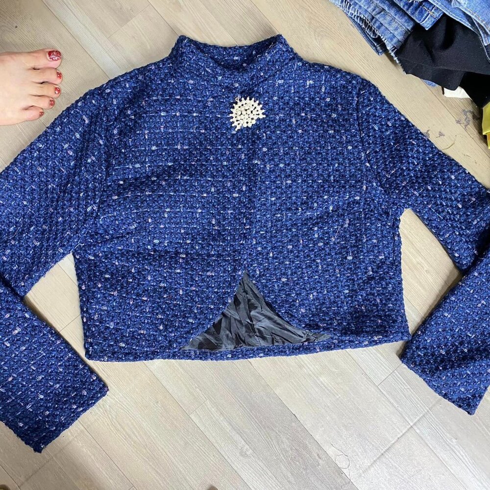 Royal Blue Cropped Tweed Jacket with Pearl Brooch Detail